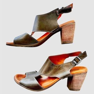 SUNDANCE NEW Olive Green Leather Rooftop Terrace Stacked Heel Sandals, 40EU